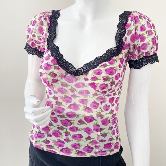 Urban Outfitters Kimchi Blue Blake Rose Floral Print Mesh Top w Black Lace Trim - Picture 9 of 9